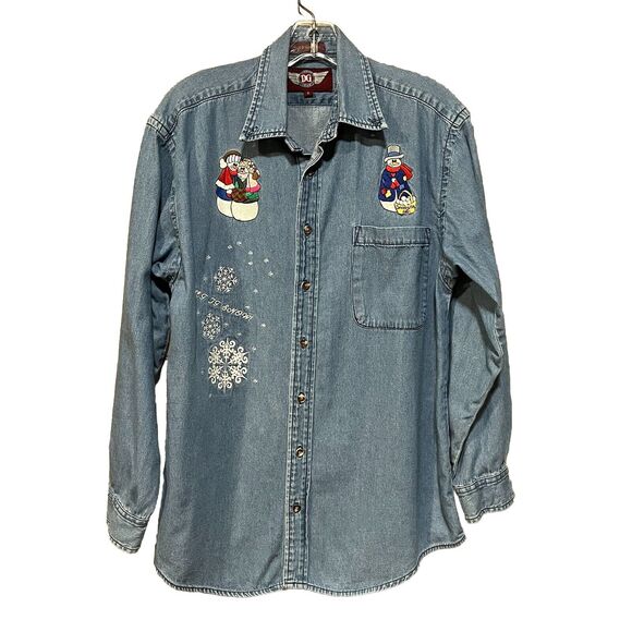 Denim Gear Women’s Long Sleeve Denim Button Up Shirt Embroidered Snowman Size S - Picture 1 of 13